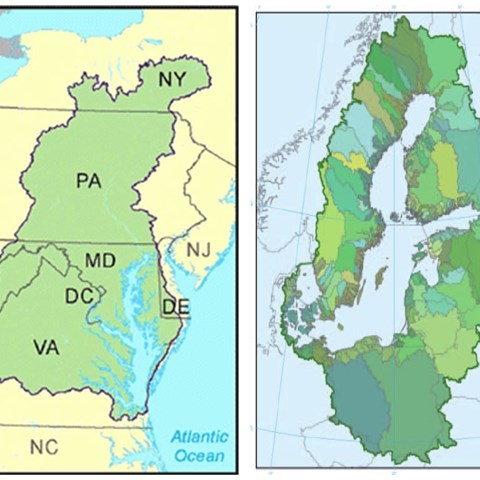 Map over the catchment area of the Baltic sea and the catchment area of Chesapeake Bay. Illustration.