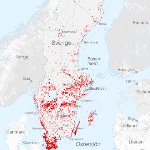Map over large part of Sweden. Red areas mainly in the south.