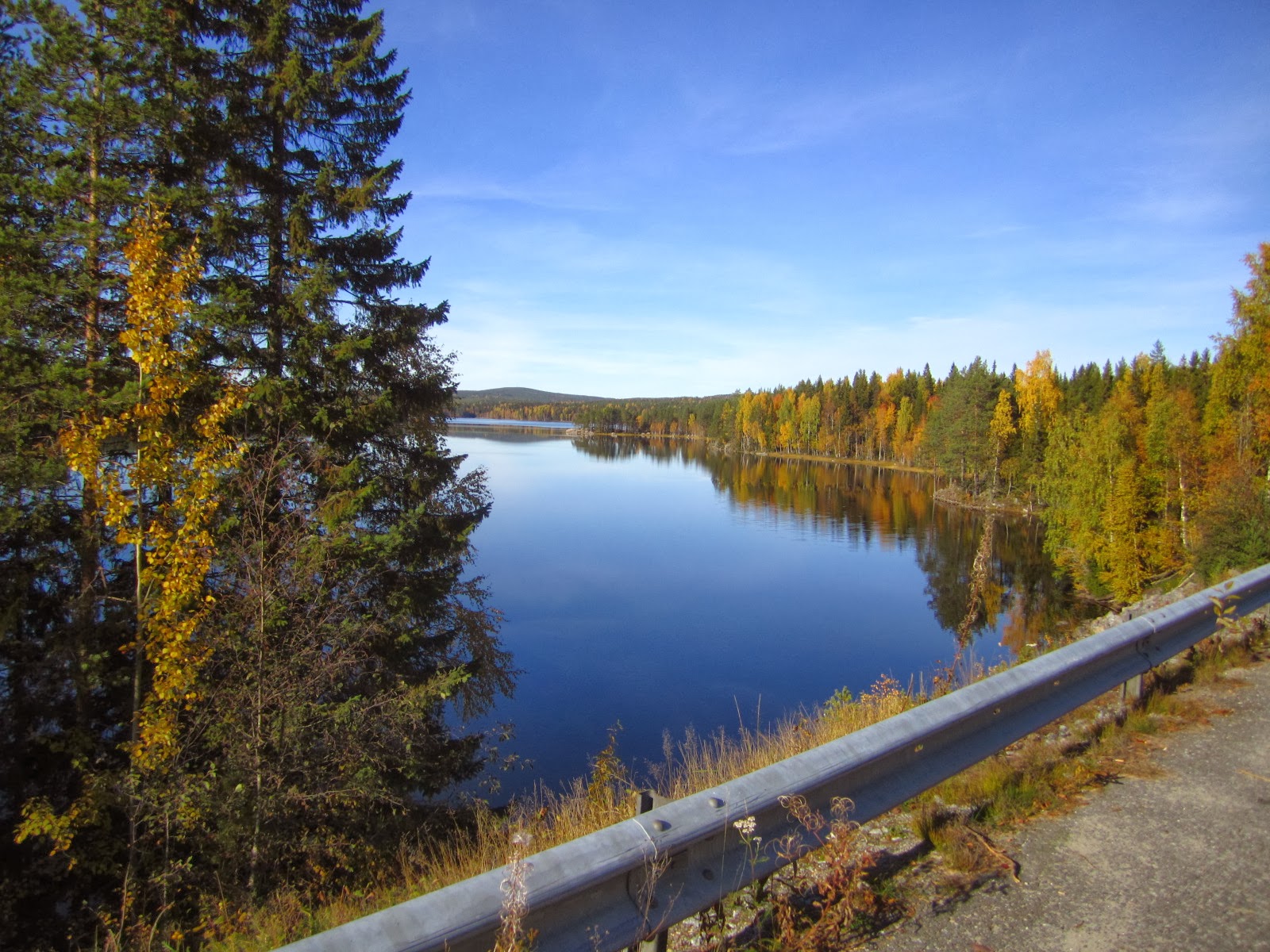 Älv med bro i förgrunden. Foto.