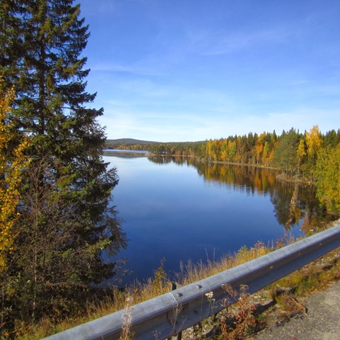Älv med bro i förgrunden. Foto.