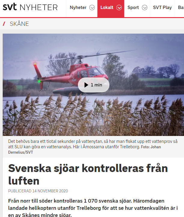 SVT Skåne, helikopter över sjö. Skärmdump.