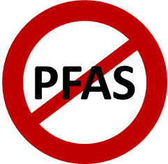 Förbudskylt med texten PFAS. Illustration.