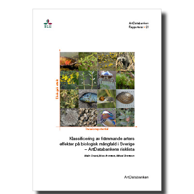 Omslag med kollage av olika foton på arter. Grafik