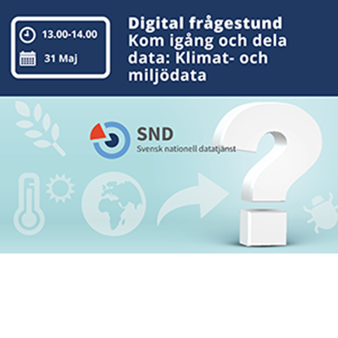 Text: "Digital frågestund. Kom igång och dela data:Miljö- och klimatdata. Svensk nationell datatjänst."