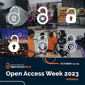 Collage av sex fotografier relaterade till öppen vetenskap, med upplåsta hänglås (illustrationer) över varje bild. Underst finns det text: "International Open Access Week 2023, Octob4er 23-29, #OAWeek".