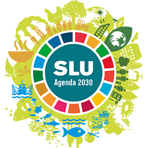 A circle with the text "SLU Agenda 2030" in the centre. Around the circle are a variety of objects representing different sustainability goals, such as a chicken, a tree and a fishing boat. Illustration.