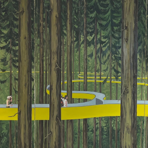Fotografi av en tavla, föreställande människor i en skog.
