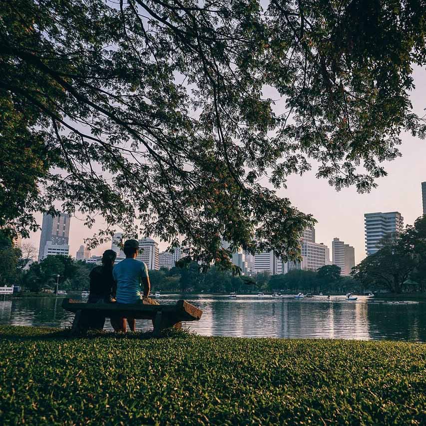 Some people on a bench overlooking a canal and a cityscape, with overhanging trees. 