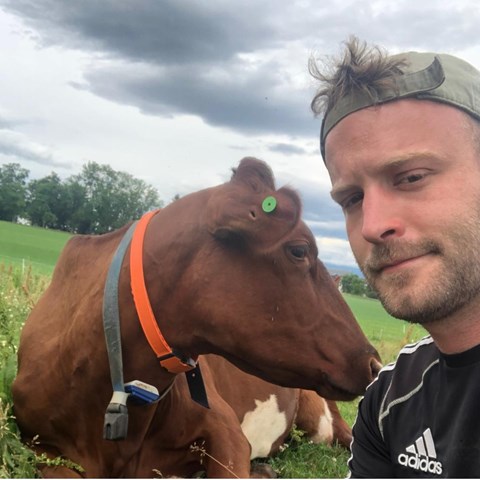 Porträttfoto av Quentin tillsammans med en ko.