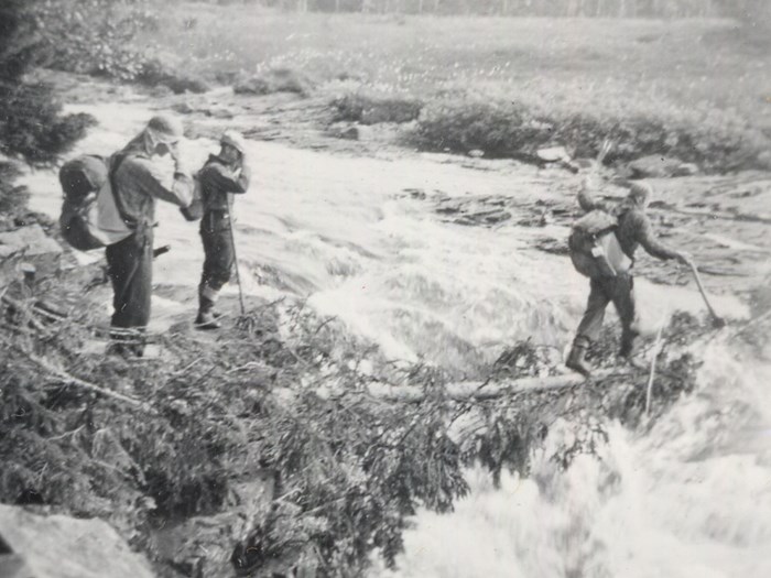 Riksskogstaxeringens fältarbeten. En farlig passage. Jämtland 1939