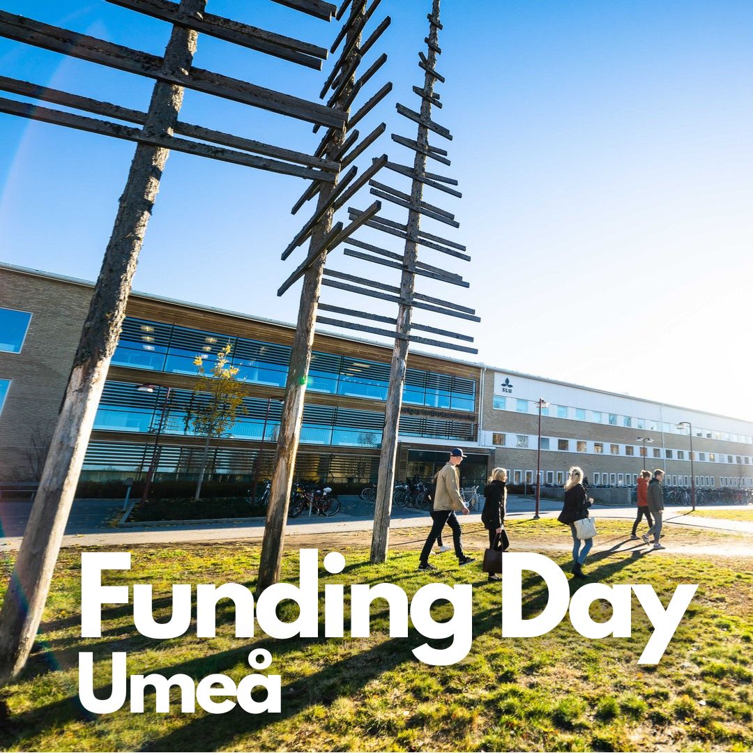 Students walking past Gun Lövdahls artwork outside SLU in Umeå with overlayed text "Funding Day Umeå”. Photo.