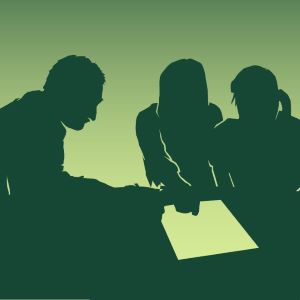 Illustration with three people black silhouettes conversing