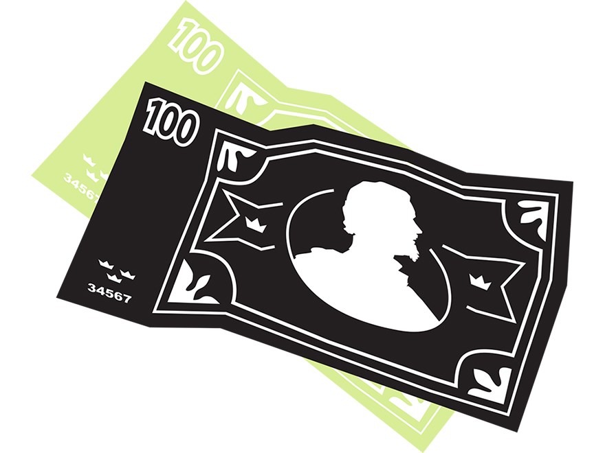 Två sedlar med valören 100 ligger staplade, med en grön sedel delvis skymd bakom en svart sedel som ligger framför. Illustration.
