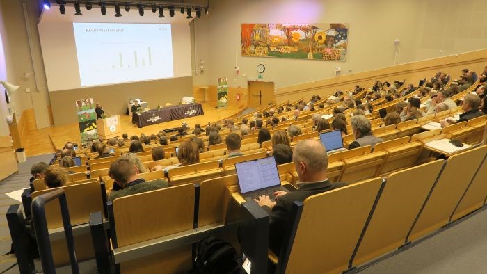 Am aula where you se participants of a cenference from behind looking at a presentation