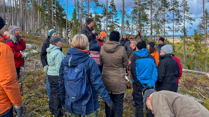 Under exkursionen berättar skogsägare om sina landskap och förutsättningar, medan resten av gruppen lyssnar och kommer med inspel.