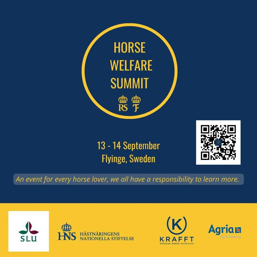 Horse Welfare Summit logotyp i mörkblått och gult. Bild.