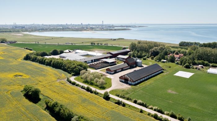 flygbild över odlingslandskap och en gård