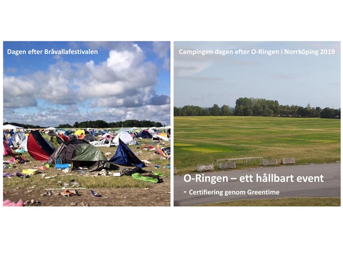Foto som visar hur skräpigt det var efter en festival och ett annat foto som visar hur rent det var dagen efter O-ringen i Norrköping 2019.