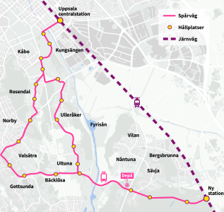 kartbild som illustrerar hur spårvägen kommer att gå genom Uppsala