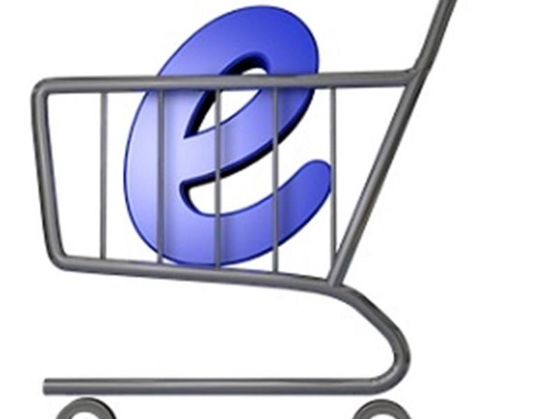A gray shopping cart that contains a purple-blue "e". The image symbolizes a purchaser in Proceedo. Illustration.