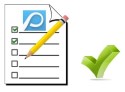 En checklista (vitt papper med rader och punkter att bocka av) med en blå Proceedologga och en gul penna ovanpå checklistan. Bredvid finns en grön ”bock”, vilken symboliserar en attestant i Proceedo. Illustration. 