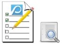 A checklist (a white paper with lines and dots to tick off) with a blue Proceedo logo and a yellow pencil on top of the checklist. Beside it, there is a magnifying glass over a white document, which symbolizes an invoice reviewer in Proceedo. Illustration.