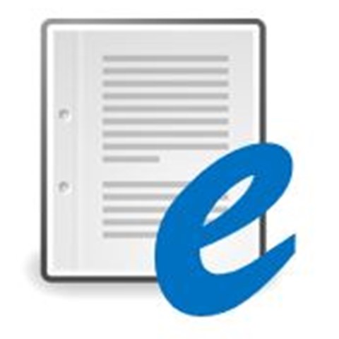 Ett vitt dokument med ett blått "e", där lilla bokstaven e symboliserar "elektronisk". Illustration.