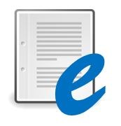Ett vitt dokument med ett blått "e", där lilla bokstaven e symboliserar "elektronisk". Illustration.
