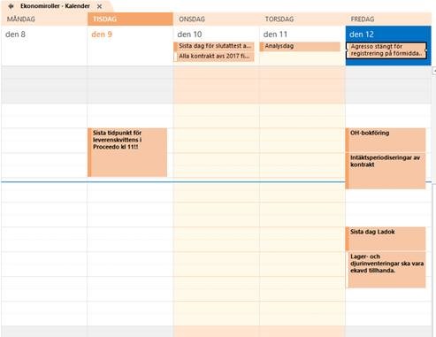 Sharepointkalendern Ekonomiroller i Outlook. Skärmklipp från Outlook. 