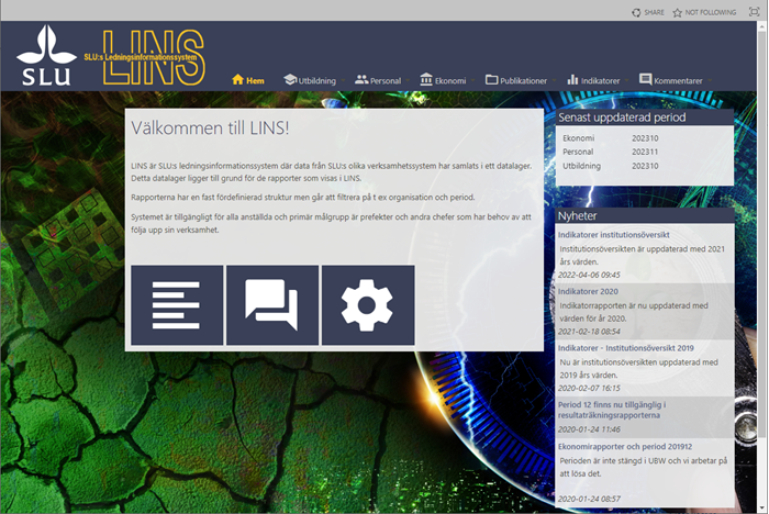 Screenshot av LINS webbportal ingångssida.