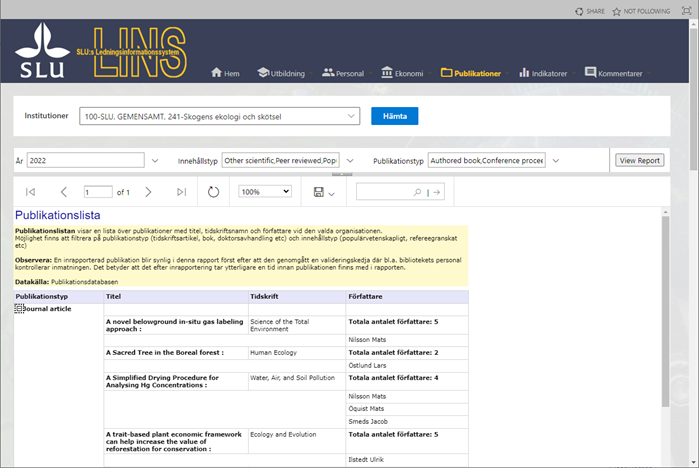 Screenshot of an example publications list from LINS web portal.