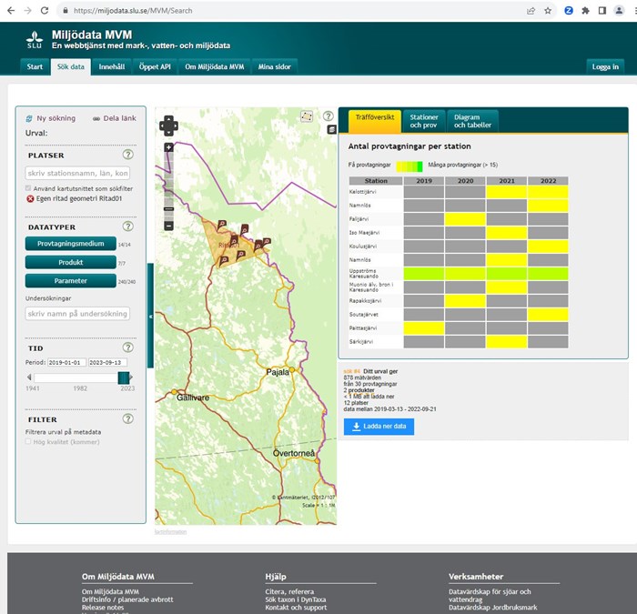 Screenshot av kartsök-funktionen i Miljödata MVM webbportal.