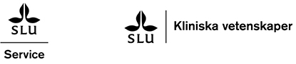 Två exempel på när SLU:s logotyp kompletteras med organisationstillhörighet. Först en svart logotyp med en linje under och därefter ordet Service skrivet under linjen. Sedan en svart SLU-logotyp med en linje till höger och därefter orden Kliniska vetenskaper utskrivet till höger om linjen. 