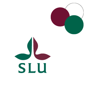 SLU's logotype in red and green with a white background. These three colours are also shown in three circles, SLU's identitycolours.
