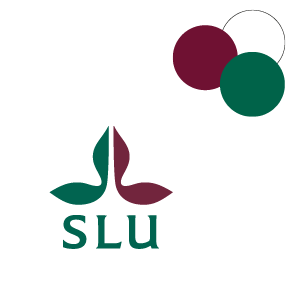 SLU's logotype in red and green with a white background. These three colours are also shown in three circles, SLU's identitycolours.