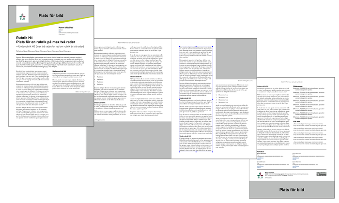 Sides from the fact sheet template – front page, center spread, and back page.