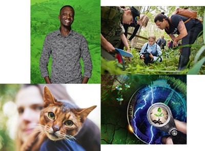 Four pictures grouped together: A portrait of a student in front of a green wall, a group of students exporing ground vegetation, a woman with a cat on her shoulder and the SLU image collage. 