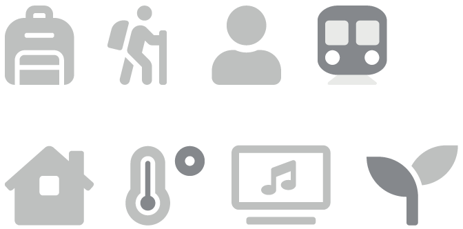 The picture shows icons from Font Awesome showing a backpack, a person hiking, a person, a train, a house, temperature, music on the computer and a plant.