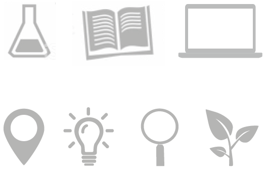 The picture shows icons of a laboratory flask, a book, a laptop, a marked location, a lightbulb, a magnifying glass and a plant.