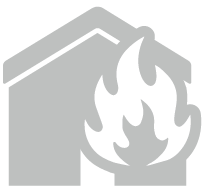 Bild av ett piktogram som symboliserar brand och visar ett hus med lågor av eld..