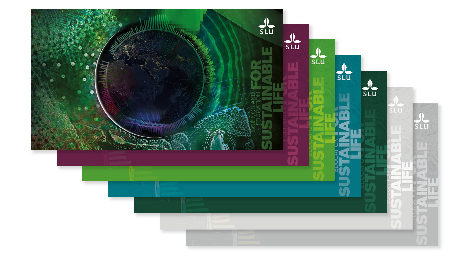 The different versions of the SLU zoom background in a stack. On the top, the version with the SLU image collage, beneath that one the other versions, in different SLU colours.