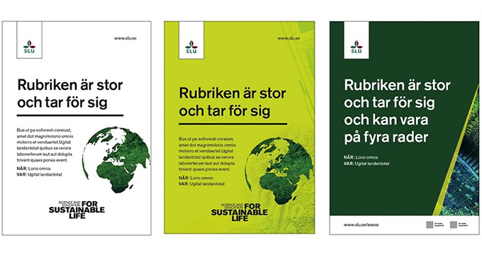 Tre exempel på A3 affischer som använder färgad bakgrund tillsammans med illustrationer.