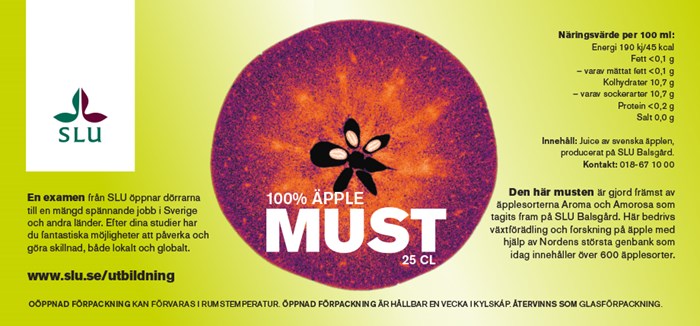 Example of label for a bottle of appledrink. Green background and red apple.