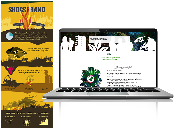 Illustrationen visar två exempel på infografik vid skogsbrand samt på webbsida.