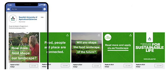 Bild på mobilskärm som visar SLU:s annons på Facebook.