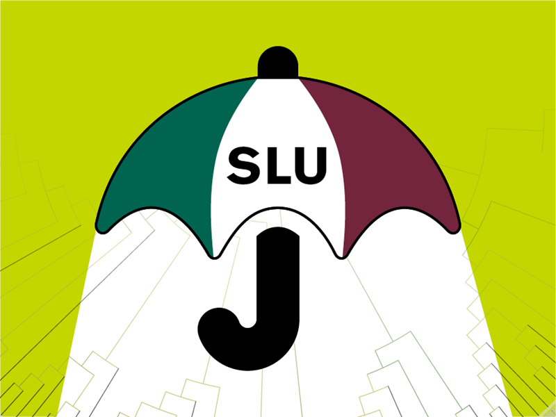 Umbrella with SLU's colours. Illustration.