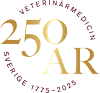 250 år i guldbokstäver med en rundad text i svart där det står "Veterinärmedicin Sverige 1775–2025