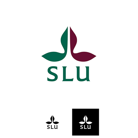 SLU:s logotyp i färg, grönt och rött, samt varianter i svart och vitt.