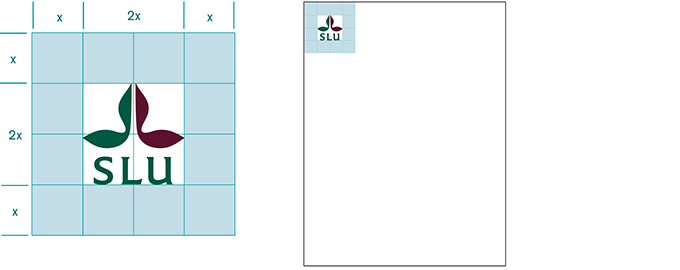 Frizonen runt SLU:s logotyp är halva höjden på alla sidor och placeras i övre vänstra hörnet. Visas med två enkla illustrationer.