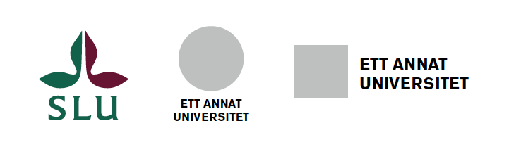 Bild som visar SLU:s logotyp i grönt och vinrött. Till höger finns en grå cirkel och en grå rektangel med texten ‘ETT ANNAT UNIVERSITET’ i svarta versaler.